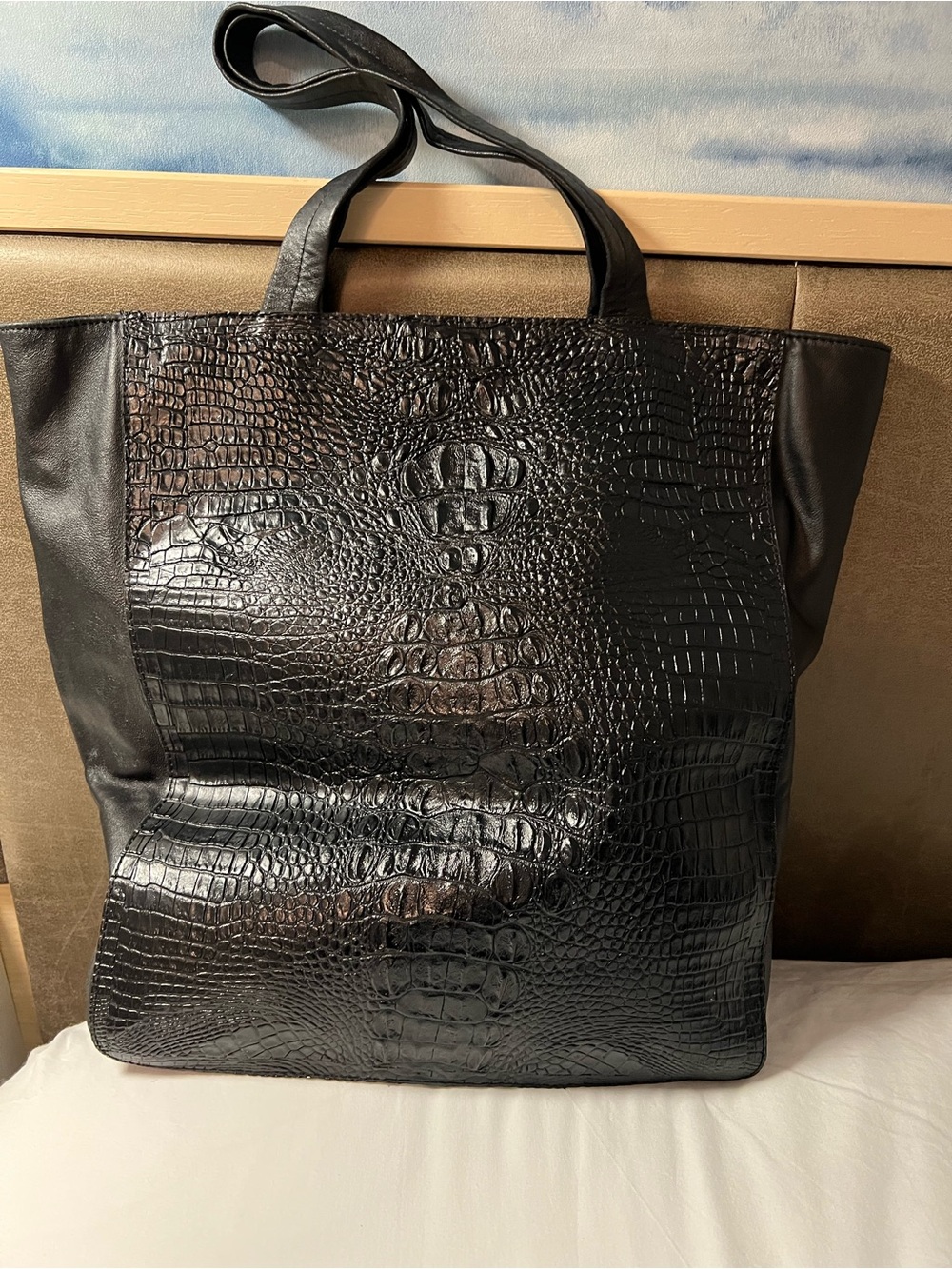 Jana Feifer Black Croc-Embossed Hobo Tote with Leather Trim